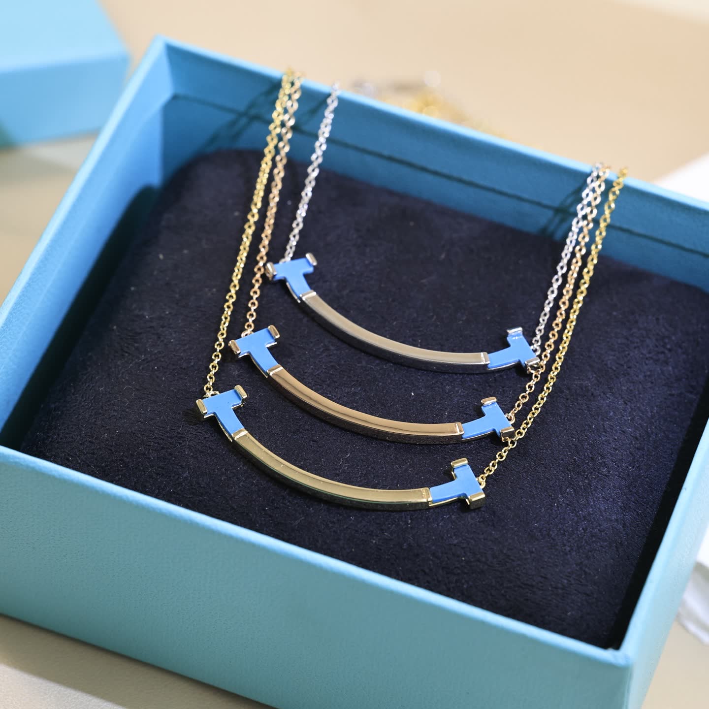 Tiffany & Co Blue Enamel Smile Bar Necklace